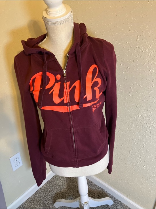 PINK Victoria's Secret Sweaters - PINK Victoria's Secret Maroon Zip-Up Hoodie with Neon Pink Logo Small